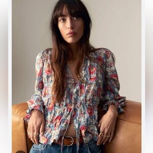 PER UNA Floral Blouse with Red and Blue Hues